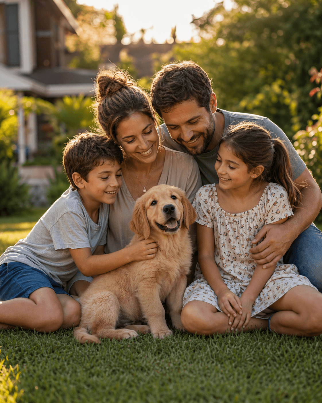 Família feliz com filhote de Golden Retriever